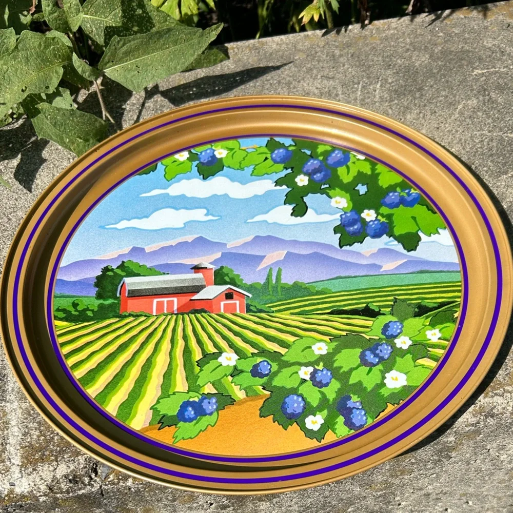 vintage style purple blue metal farm tray colorful nature scene